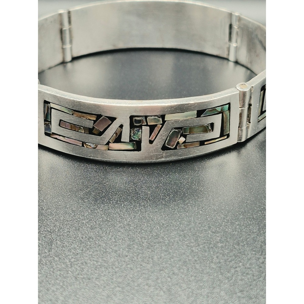 Taxco Mexico 925 Sterling Silver Abalone Geometric Hinged Bangle Bracelet Vintag